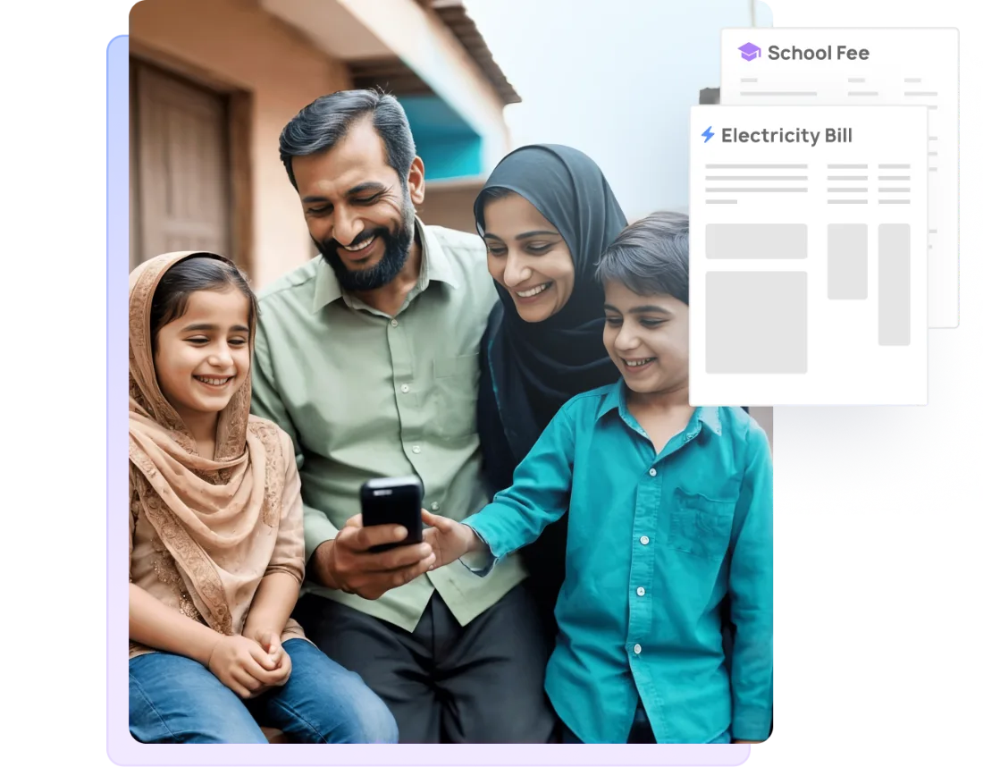 Family checking bills on a phone